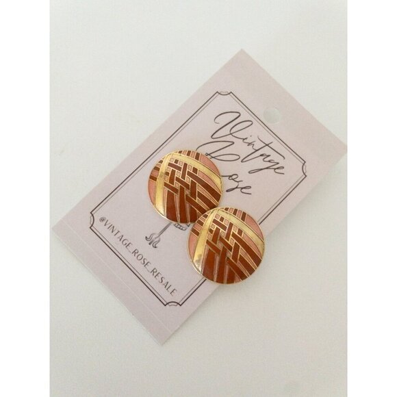 Vintage Damascene Earrings Round Gold & Brown Geometric Design - Picture 6 of 6